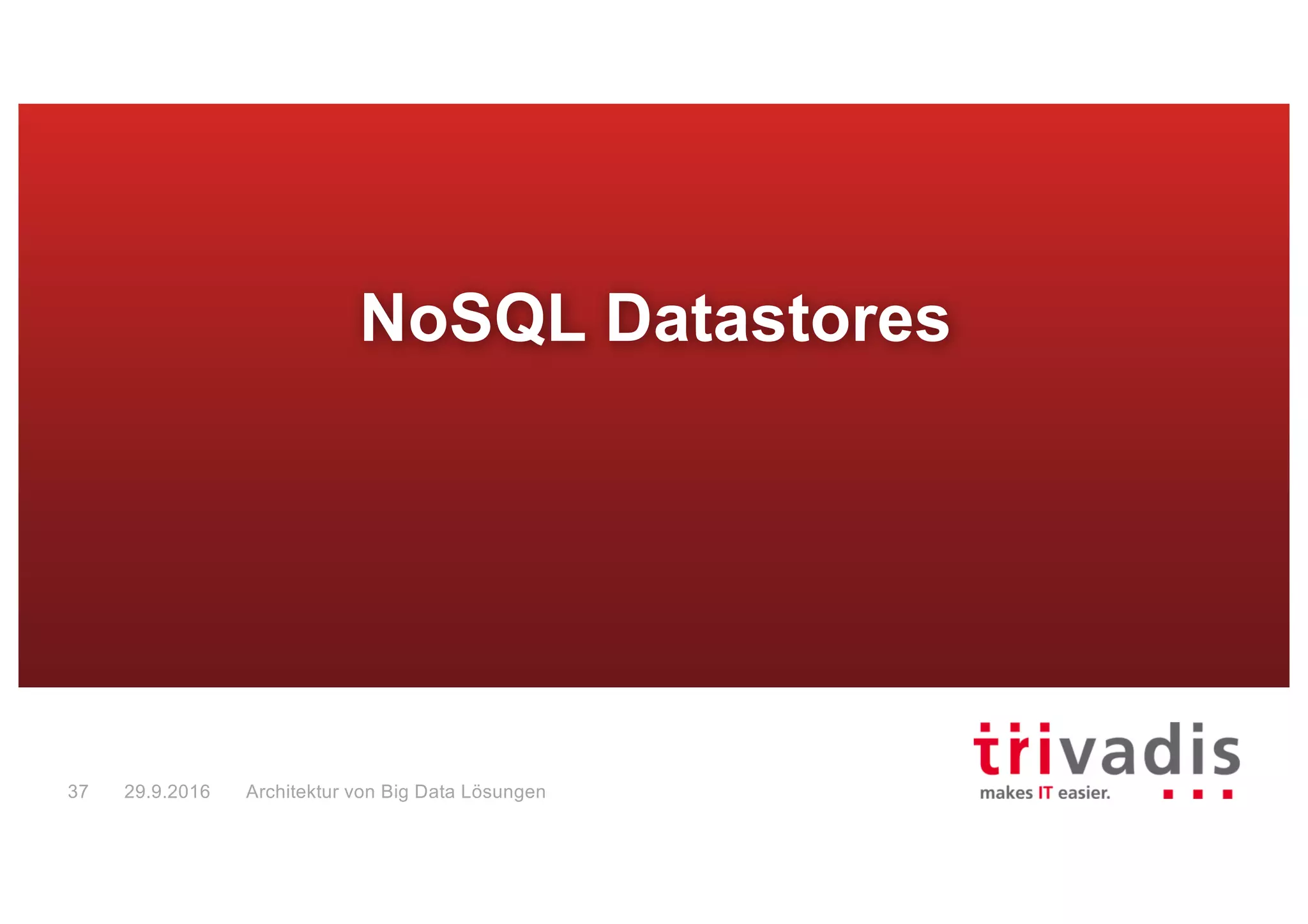 Organizing NoSQL Datastores – Different Types
Key	Value	Store
Big Data Solution Architectures38
Wide-column	store
Document	store
Graph	store
29.9.2016
Key Value
K1 V1
K2 V2
K3 V3
Document
{
k1:	v1,
k2:	v2,	
k3:	[v1,	v2,	v3]
}
Rowkey
CK1
RK1
V1
CK2
V2
CK3
V3
CK4
V4
…
…
CK1
RK2
V1
CK4
V4
CK6
V6
…
…
…
…
…
…
CK3
V3
 