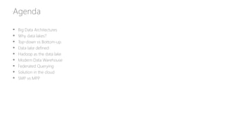 Agenda
 Big Data Architectures
 Why data lakes?
 Top-down vs Bottom-up
 Data lake defined
 Hadoop as the data lake
 Modern Data Warehouse
 Federated Querying
 Solution in the cloud
 SMP vs MPP
 