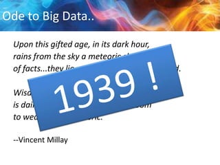 Ode to Big Data..
Upon this gifted age, in its dark hour,
rains from the sky a meteoric shower
of facts...they lie, unquestioned, uncombined.

Wisdom enough to leach us of our ill
is daily spun; but there exists no loom
to weave it into a fabric.
--Vincent Millay

 