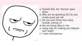 a. Fluentd fails, the “Service” goes
down
b. Why are we spending EC2 for just
simple proxy api call
c. Do you even know how many
records coming in?
d. Are we losing data or not
e. Using ruby for making just network
call? really?
f. I want microservice
 