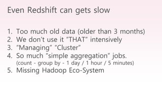 1. Too much old data (older than 3 months)
2. We don’t use it “THAT” intensively
3. “Managing” “Cluster”
4. So much “simple aggregation” jobs.
(count - group by - 1 day / 1 hour / 5 minutes)
5. Missing Hadoop Eco-System
Even Redshift can gets slow
 