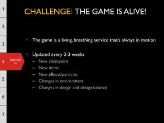 1
              CHALLENGE: THE GAME IS ALIVE!
2

              • The game is a living, breathing service that’s always in motion
3

              • Updated every 2-3 weeks
    USECASE
4      #1
                 –   New champions
                 –   New items
                 –   New effects/particles
5                –   Changes in environment
                 –   Changes in design and design balance

6


7
 