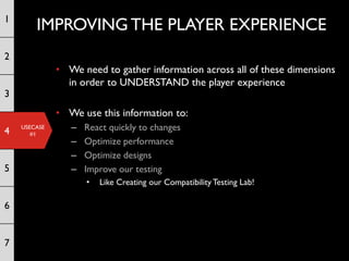 1
        IMPROVING THE PLAYER EXPERIENCE
2
              • We need to gather information across all of these dimensions
 ...