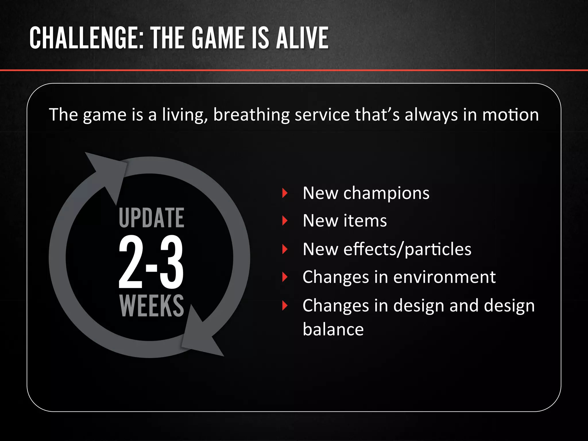 CHALLENGE: THE GAME IS ALIVE
The	
  game	
  is	
  a	
  living,	
  breathing	
  service	
  that’s	
  always	
  in	
  mo@on	
  
‣  New	
  champions	
  
‣  New	
  items 	
  	
  
‣  New	
  eﬀects/par@cles	
  
‣  Changes	
  in	
  environment	
  
‣  Changes	
  in	
  design	
  and	
  design	
  
balance	
  
	
  	
  
UPDATE
2-3WEEKS
 