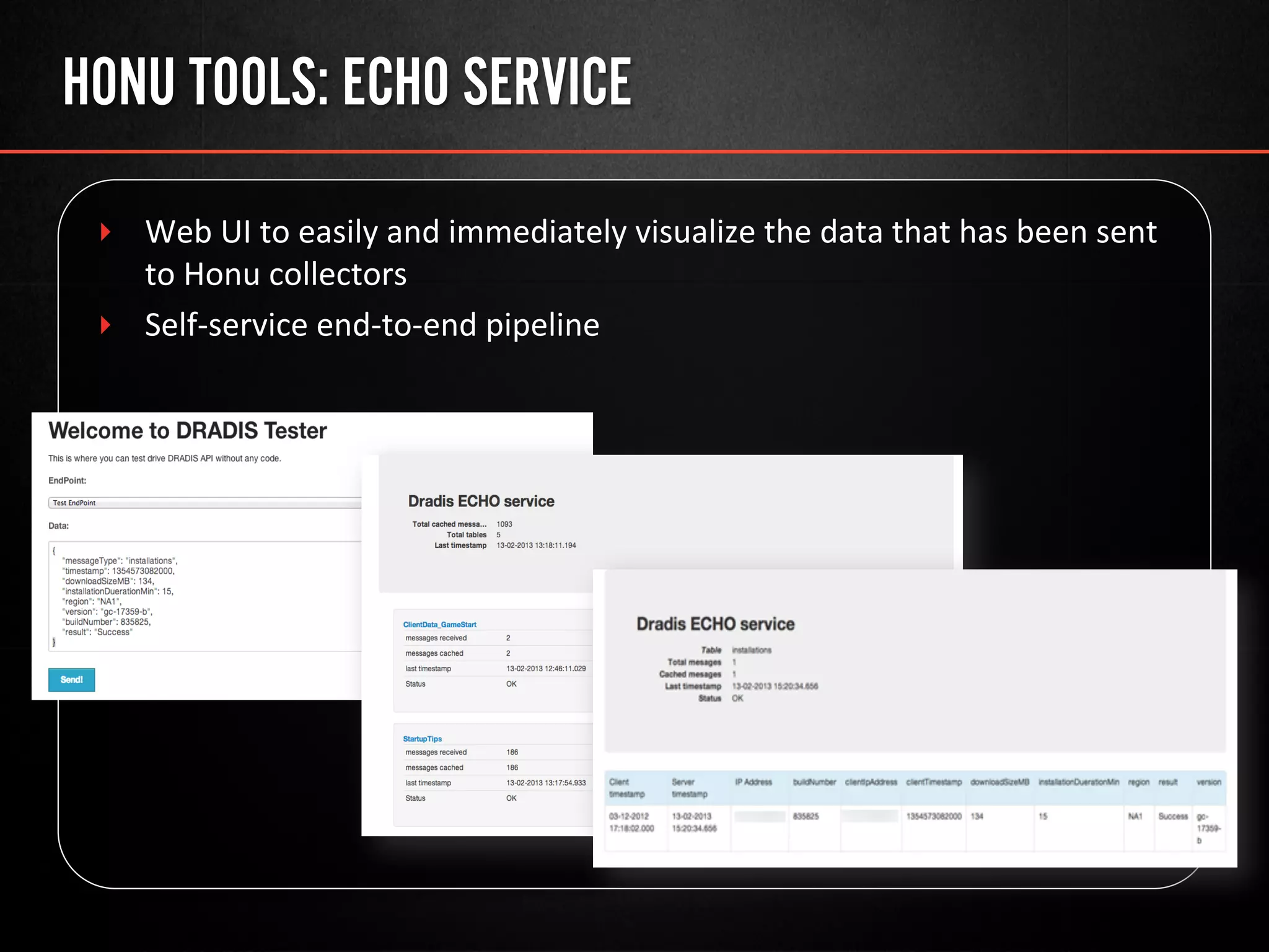 HONU TOOLS: ECHO SERVICE
‣  Web	
  UI	
  to	
  easily	
  and	
  immediately	
  visualize	
  the	
  data	
  that	
  has	
  been	
  sent	
  
to	
  Honu	
  collectors	
  
‣  Self-­‐service	
  end-­‐to-­‐end	
  pipeline	
  
 