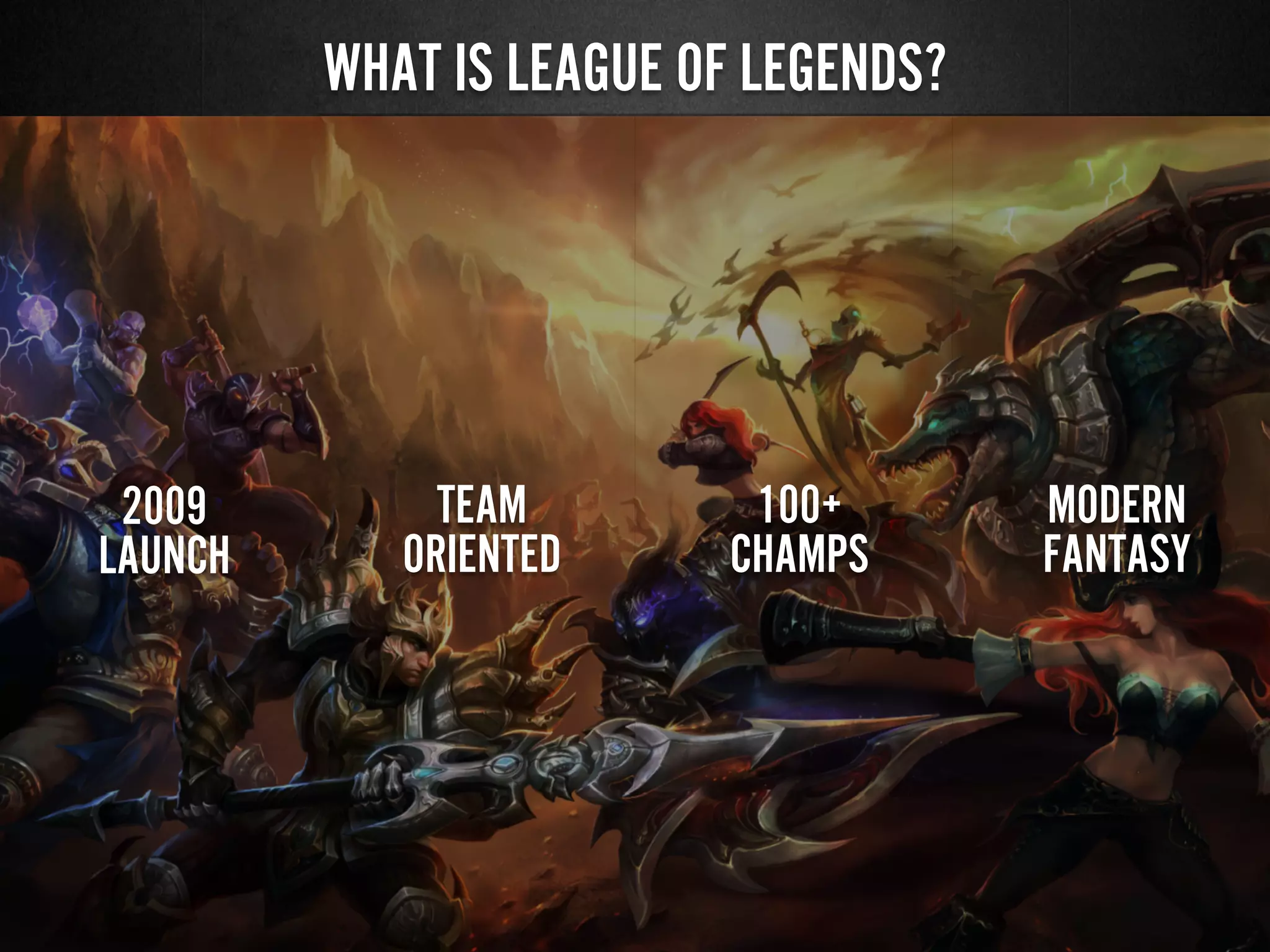WHAT IS LEAGUE OF LEGENDS?
2009
LAUNCH
TEAM
ORIENTED
100+
CHAMPS
MODERN
FANTASY
 