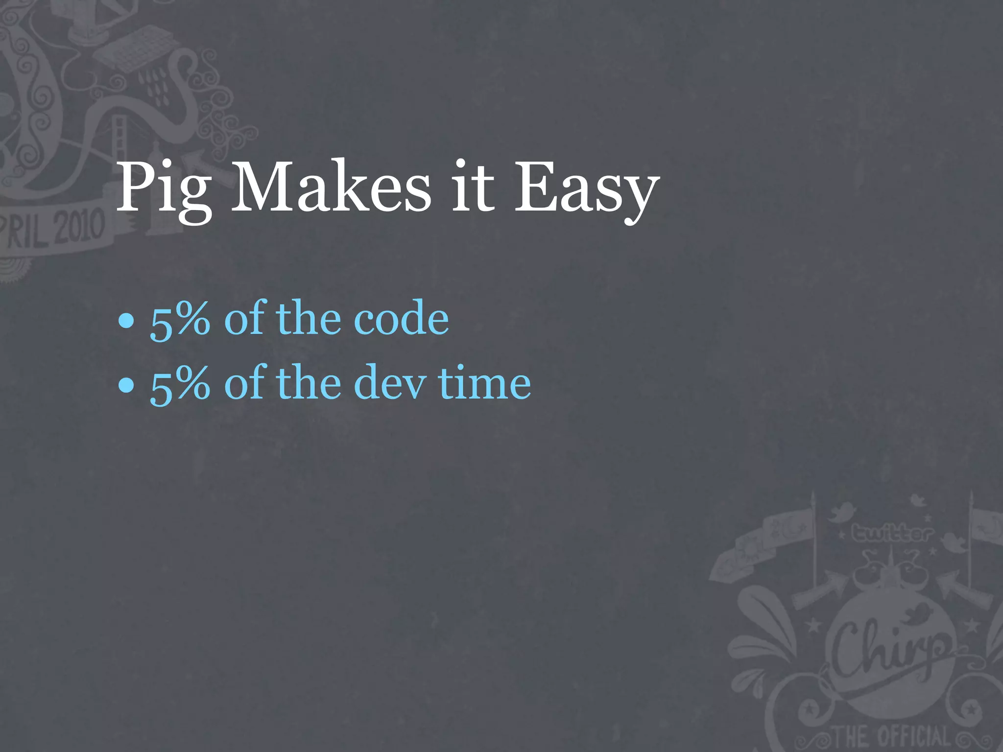 Pig Makes it Easy
• 5% of the code
• 5% of the dev time
 