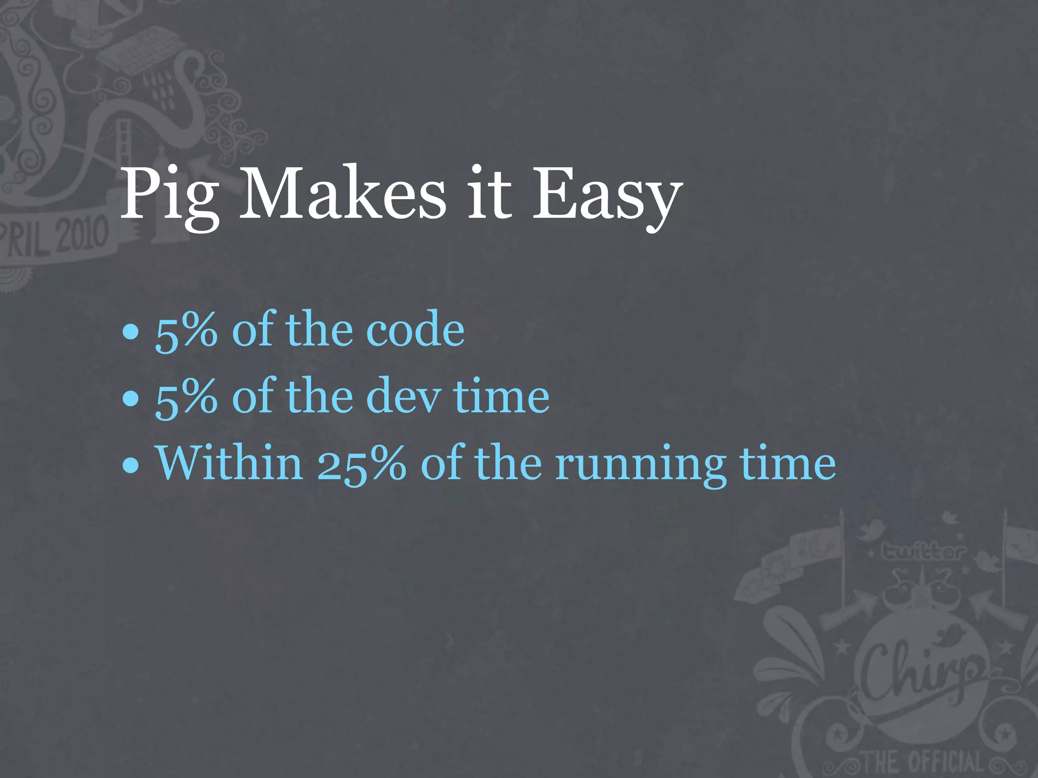 Pig Makes it Easy
• 5% of the code
• 5% of the dev time
• Within 25% of the running time
 