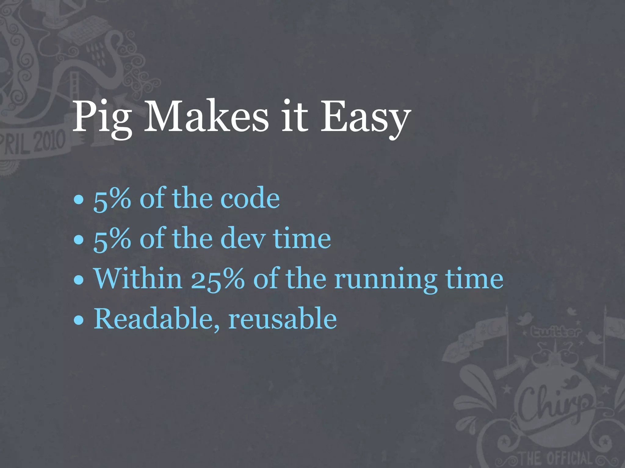 Pig Makes it Easy
• 5% of the code
• 5% of the dev time
• Within 25% of the running time
• Readable, reusable
 