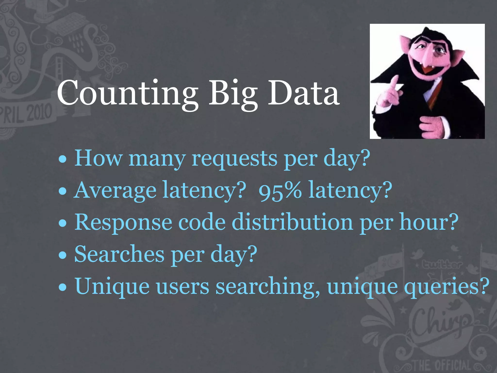 Counting Big Data
• How many requests per day?
• Average latency? 95% latency?
• Response code distribution per hour?
• Searches per day?
• Unique users searching, unique queries?
 