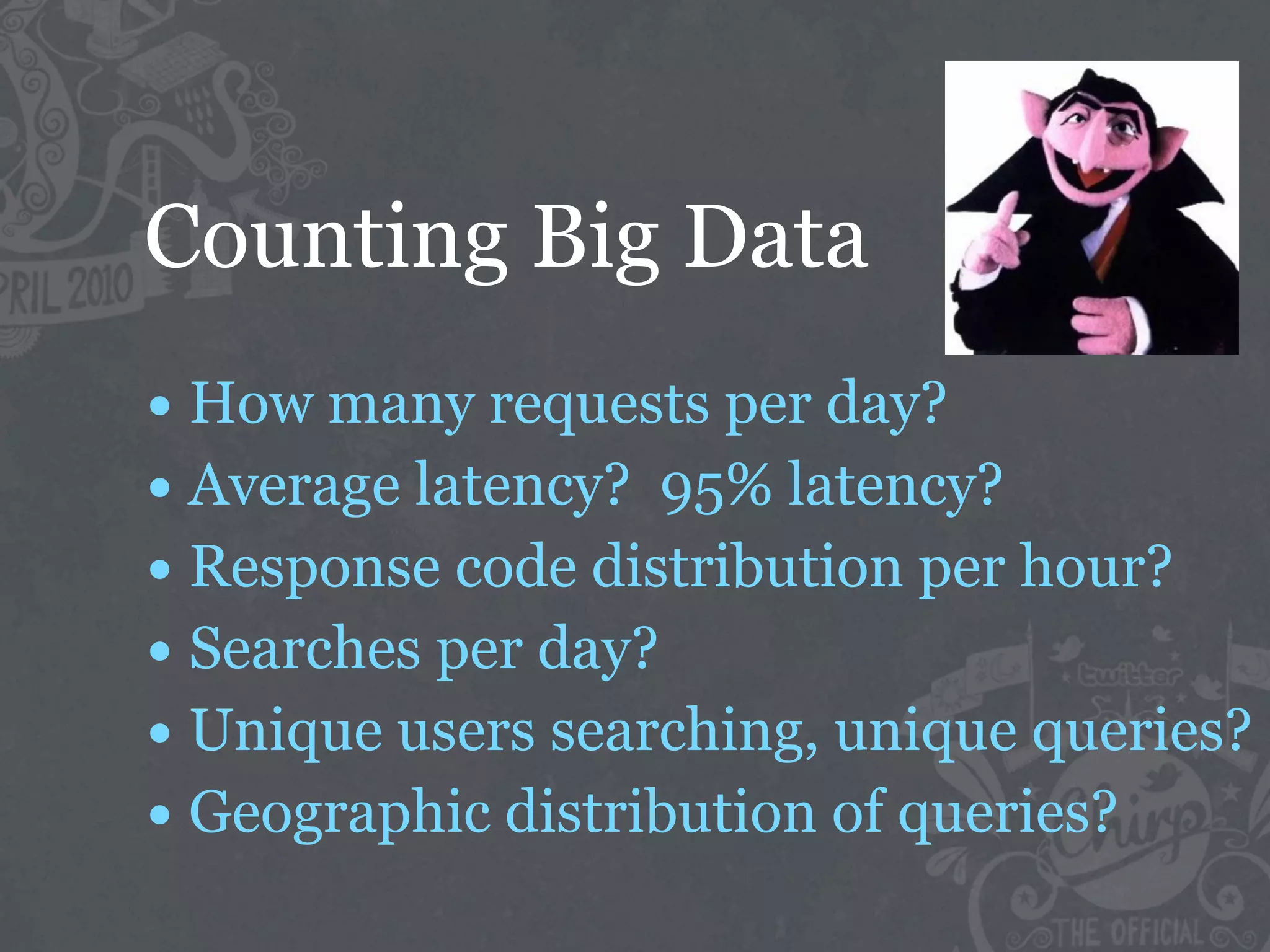 Counting Big Data
• How many requests per day?
• Average latency? 95% latency?
• Response code distribution per hour?
• Searches per day?
• Unique users searching, unique queries?
• Geographic distribution of queries?
 