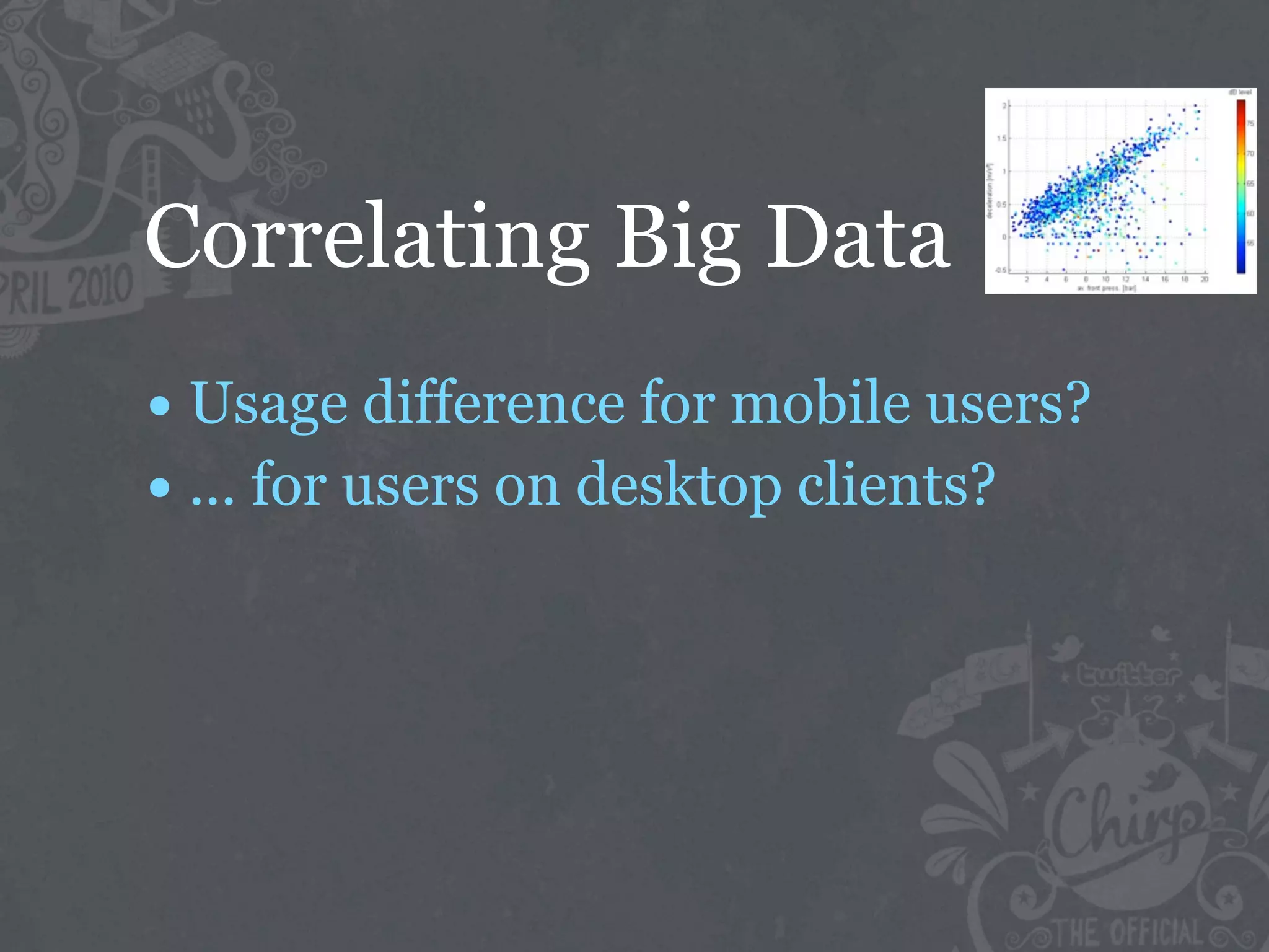 Correlating Big Data
• Usage difference for mobile users?
• ... for users on desktop clients?
 