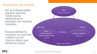 Evaluación del modelo 
Estimación Prueba 
Información confidencial propiedad de Business Data Scientists, SAPI de CV Su 
divulgación puede estar penada en términos de la ley de propiedad industrial 45 
No es indispensable 
esperar eventos 
futuros para 
determinar la 
precisión de nuestros 
modelos. 
El procedimiento 
cruzado nos permite 
validar con los 
mismos datos que 
tenemos ahora. 
Datos 
(y1, x1),…(yn, xn) 
Datos 
entrenamiento. 
Todos los datos salvo 
(yk, xk)) 
Datos de prueba 
(yk, xk)) 
Predicción 
Repetir para cada k 
 
