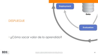 Información confidencial propiedad de Business Data Scientists, SAPI de CV Su 
divulgación puede estar penada en términos de la ley de propiedad industrial 48 
DESPLIEGUE 
¿Cómo sacar valor de lo aprendido? 
 