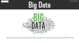 Big Data refers to the large amounts of data which is pouring in from various data sources and has different formats.
www.edureka.co
 