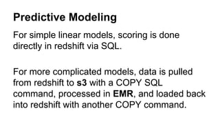 Predictive Modeling
For simple linear models, scoring is done
directly in redshift via SQL.
For more complicated models, data is pulled
from redshift to s3 with a COPY SQL
command, processed in EMR, and loaded back
into redshift with another COPY command.
 