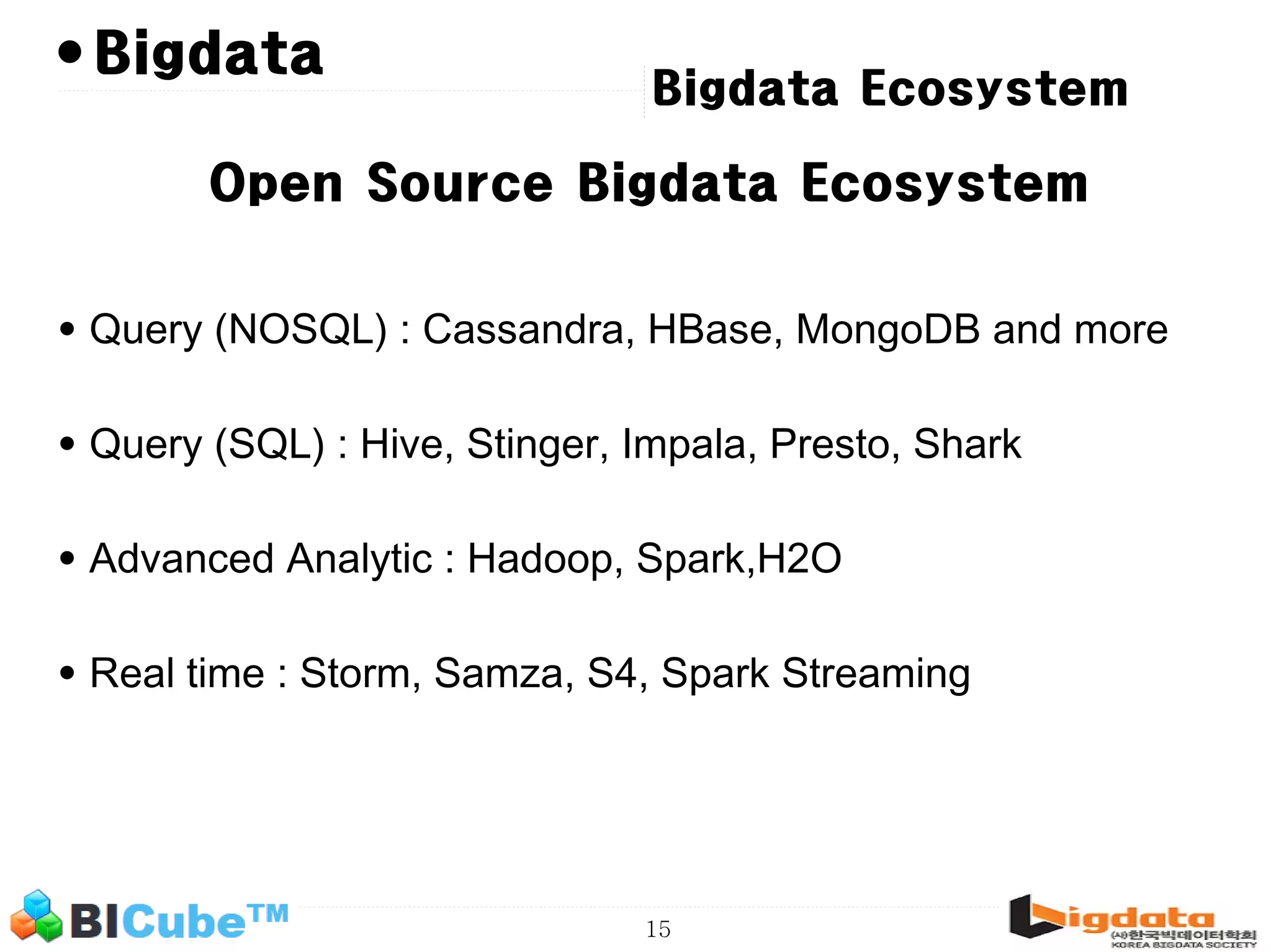 15 • Bigdata Ecosystem Open Source Bigdata Ecosystem • Query (NOSQL) : Cassandra, HBase, MongoDB and more • Query (SQL) : Hive, Stinger, Impala, Presto, Shark • Advanced Analytic : Hadoop, Spark,H2O • Real time : Storm, Samza, S4, Spark Streaming Bigdata 