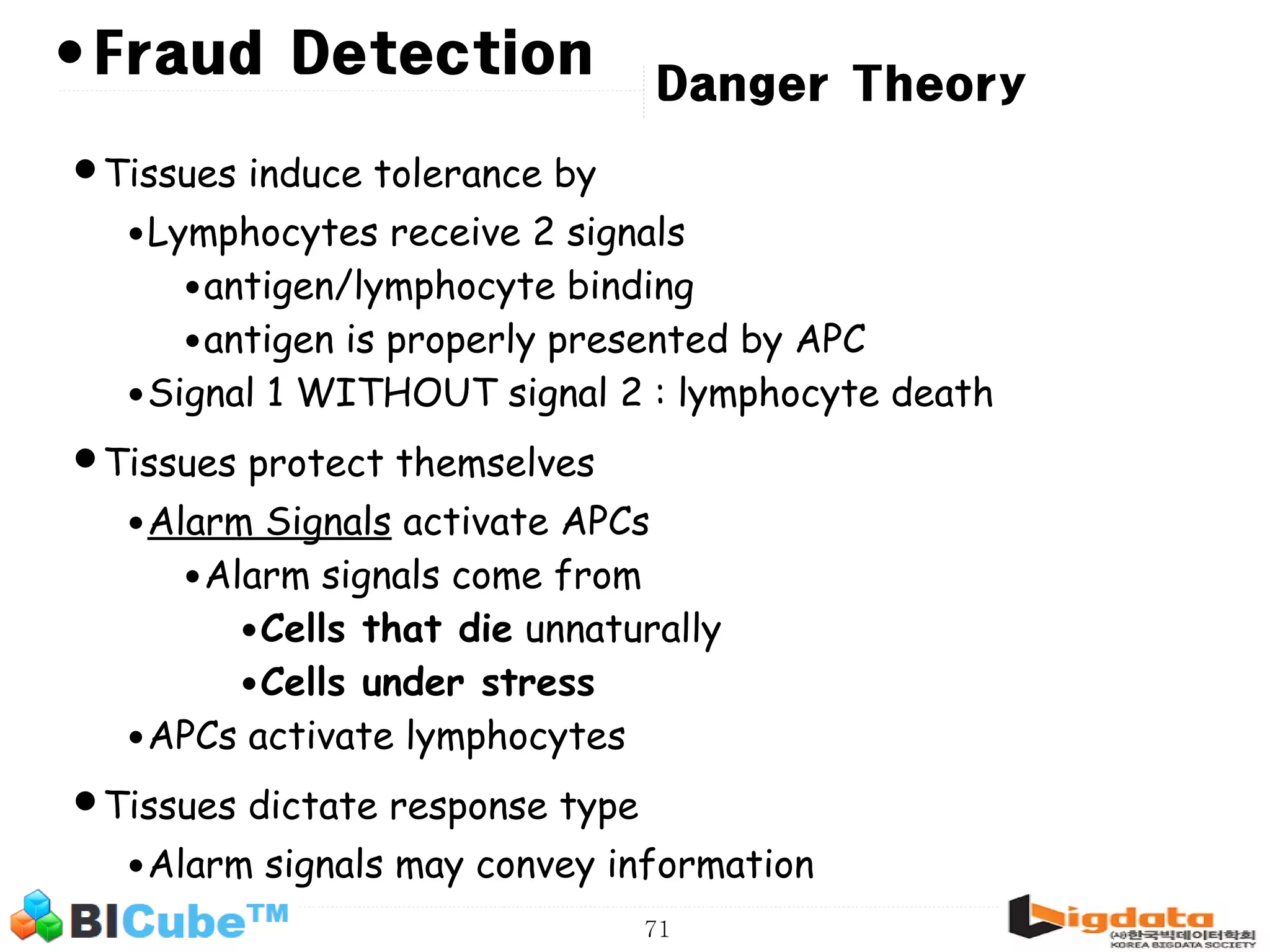 71 • •Tissues induce tolerance by •Lymphocytes receive 2 signals •antigen/lymphocyte binding •antigen is properly presented by APC •Signal 1 WITHOUT signal 2 : lymphocyte death •Tissues protect themselves •Alarm Signals activate APCs •Alarm signals come from •Cells that die unnaturally •Cells under stress •APCs activate lymphocytes •Tissues dictate response type •Alarm signals may convey information Danger Theory Fraud Detection 