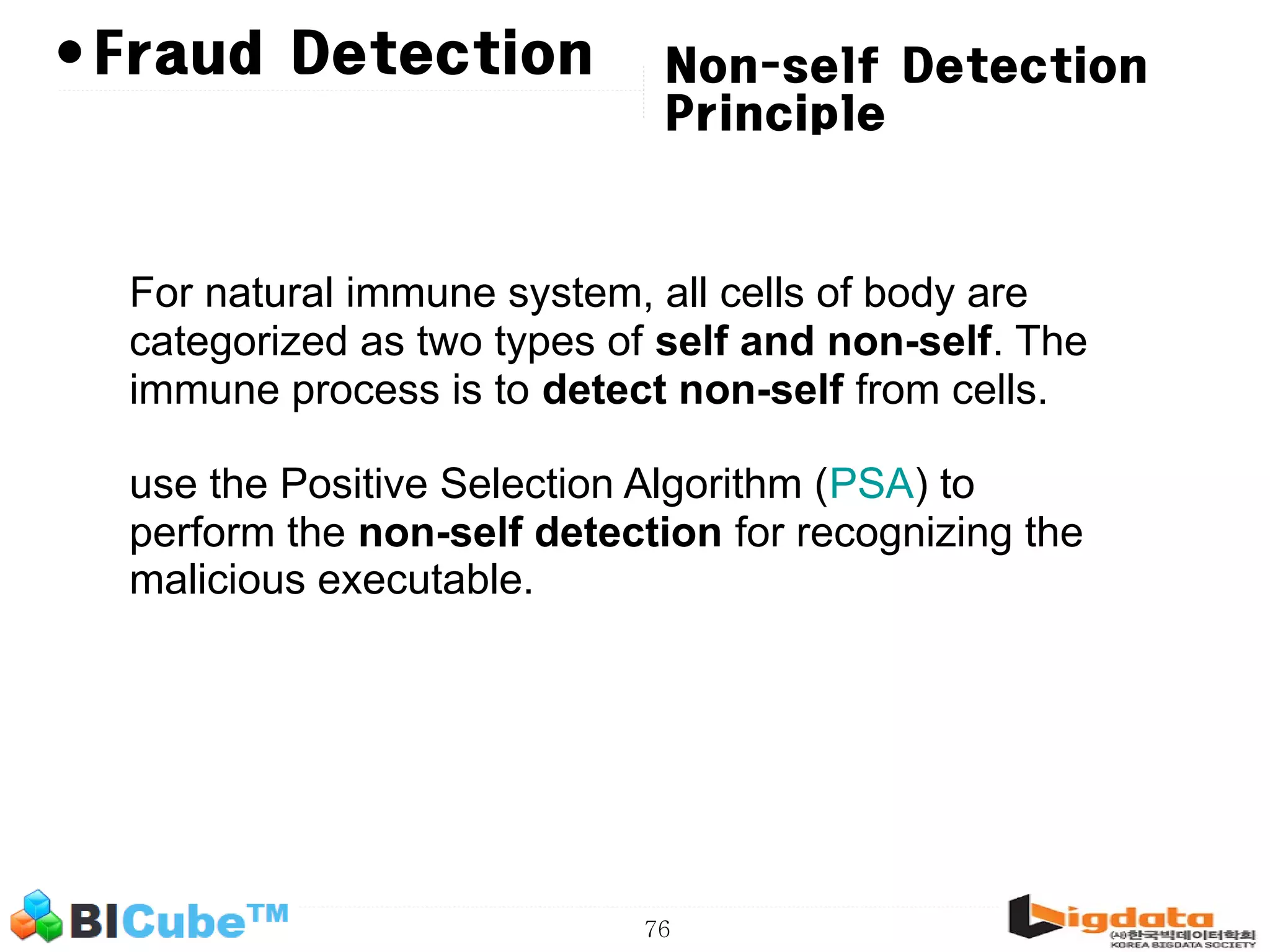 76 •Fraud Detection For natural immune system, all cells of body are categorized as two types of self and non-self. The immune process is to detect non-self from cells. use the Positive Selection Algorithm (PSA) to perform the non-self detection for recognizing the malicious executable. Non-self Detection Principle 