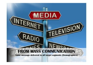 THE MARKETER’S DREAM
FROM MASS COMMUNICATION
Same message delivered to all target segments (Demographics)
 