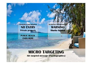 MICRO TARGETING
Adv targeted message (Psychographics)
NO ENTRY
Private property
PUBLIC BEACH
ENDS HERE
CONSCIOUS AND RATIONAL
WARNING
Sharks Sighted
NEUROTICS DISORGANIZED
 