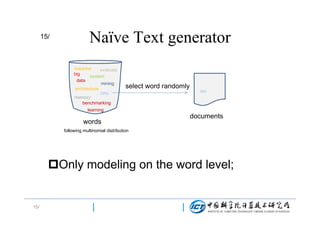 15/

Naïve Text generator
machine
evaluate
big
system
data
mining
architecture

select word randomly

CPU

cpu

memory
benchmarking
learning

words

documents

following multinomial distribution

Only modeling on the word level;

15/

 