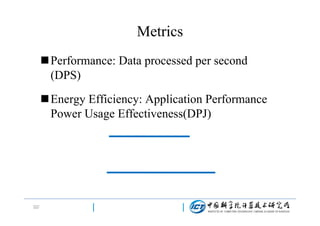 Metrics
Performance: Data processed per second
(DPS)
Energy Efficiency: Application Performance
Power Usage Effectiveness(DPJ)

32/

 