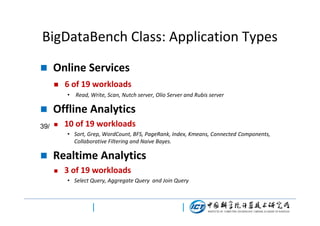 BigDataBench Class: Application Types


Online Services


6 of 19 workloads
• Read, Write, Scan, Nutch server, Olio Server and Rubis server



Offline Analytics

39/ 

10 of 19 workloads
• Sort, Grep, WordCount, BFS, PageRank, Index, Kmeans, Connected Components,
Collaborative Filtering and Naive Bayes.



Realtime Analytics


3 of 19 workloads
• Select Query, Aggregate Query and Join Query

 