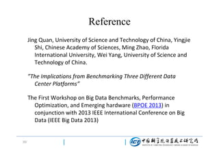 Reference
Jing Quan, University of Science and Technology of China, Yingjie
Shi, Chinese Academy of Sciences, Ming Zhao, Florida
International University, Wei Yang, University of Science and
Technology of China.
”The Implications from Benchmarking Three Different Data
Center Platforms”
The First Workshop on Big Data Benchmarks, Performance
Optimization, and Emerging hardware (BPOE 2013) in
conjunction with 2013 IEEE International Conference on Big
Data (IEEE Big Data 2013)

35/

 