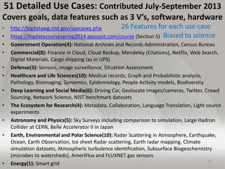 51 Detailed Use Cases: Contributed July-September 2013 
Covers goals, data features such as 3 V’s, software, hardware 
• h...