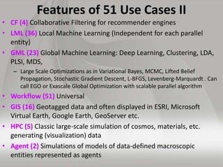 Features of 51 Use Cases II 
• CF (4) Collaborative Filtering for recommender engines 
• LML (36) Local Machine Learning (...