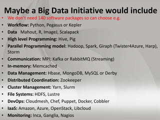 Maybe a Big Data Initiative would include 
• We don’t need 140 software packages so can choose e.g. 
• Workflow: Python, P...
