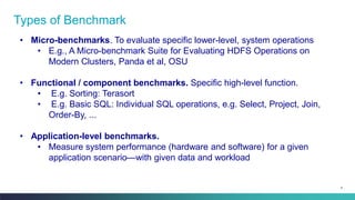 4
Types of Benchmark
• Micro-benchmarks. To evaluate specific lower-level, system operations
• E.g., A Micro-benchmark Suite for Evaluating HDFS Operations on
Modern Clusters, Panda et al, OSU
• Functional / component benchmarks. Specific high-level function.
• E.g. Sorting: Terasort
• E.g. Basic SQL: Individual SQL operations, e.g. Select, Project, Join,
Order-By, ...
• Application-level benchmarks.
• Measure system performance (hardware and software) for a given
application scenario—with given data and workload
 