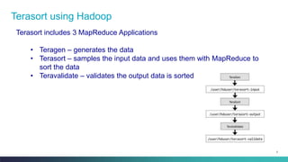 5
Terasort using Hadoop
Terasort includes 3 MapReduce Applications
• Teragen – generates the data
• Terasort – samples the input data and uses them with MapReduce to
sort the data
• Teravalidate – validates the output data is sorted
 