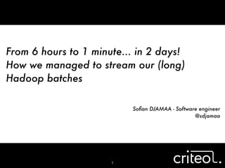 From 6 hours to 1 minute... in 2 days!
How we managed to stream our (long)
Hadoop batches
1
Soﬁan DJAMAA - Software engineer
@sdjamaa
 