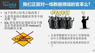 我们正面对一场数据领域的变革么?
• 这个世界已经真正地改变了
• 关系型系统在数据世界里不再
  是唯一的
• SQL 的兄弟们必须接受这个现
  实并考虑如何部署 Hadoop这
  样的解决方案

                        关系型数据库不会灭亡并继续统
                         治中小型数据的事务处理系统
                        但现代的业务往往是两者的结合
                         了
                                          10
 
