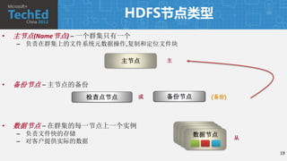 HDFS节点类型
•   主节点(Name节点) – 一个群集只有一个
    – 负责在群集上的文件系统元数据操作,复制和定位文件块

                         主节点     主



•   备份节点 – 主节点的备份
                 检查点节点       或   备份节点    (备份)




•   数据节点 – 在群集的每一节点上一个实例             数据节点
                                     数据节点
    – 负责文件快的存储                        数据节点
                                       数据节点     从
    – 对客户提供实际的数据
                                                    19
 