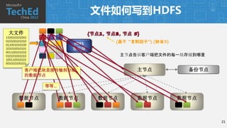 文件如何写到HDFS
 大文件                          {节点2, 节点3, 节点 4}
                              {节点1, 节点4,
                                    节点2,    5}
                                            3}
110010101001
010100101010
                       HDFS           (基于 “复制因子”) (缺省3)
011001010100
101010010101           客户端
001100101010
010101001010                            主节点告诉客户端把文件的每一块存储到哪里
100110010101
001010100101

          客户端把块直接传输到分配                       主节点            备份节点
          的数据节点

               等等…

       数据节点          数据节点        数据节点        数据节点         数据节点



                                                                   21
 