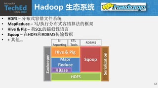 Hadoop 生态系统
•   HDFS – 分布式容错文件系统
•   MapReduce – 写/执行分布式容错算法的框架
•   Hive & Pig – 类SQL的描叙性语言
•   Sqoop – 在HDFS和RDBMS传输数据
•   + 其他…                BI ETL
                                               RDBMS
                           Reporting   Tools

                            Hive & Pig




                                                       Serialization
               Zookeeper

                                Map/           Sqoop
                             Reduce
                            HBase
                                       HDFS
                                                                       12
 