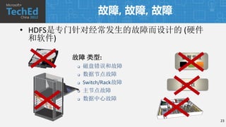 故障, 故障, 故障
• HDFS是专门针对经常发生的故障而设计的 (硬件
  和软件)

       故障 类型:                 数据节点
           磁盘错误和故障
           数据节点故障
           Switch/Rack故障     主节点
           主节点故障
           数据中心故障


                                     23
 