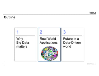 © 2015 IBM Corporation9
1
Why
Big Data
matters
2
Real World
Applications
3
Future in a
Data-Driven
world
Outline
 
