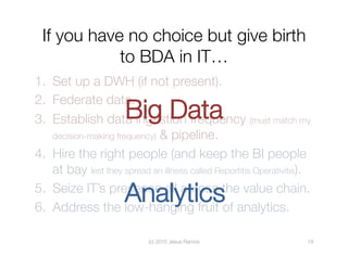 A case for for giving birth to
Analytics in IT
(c) 2015 Jesus Ramos
 19
Survey of +200 data
professionals. Those
closer to...