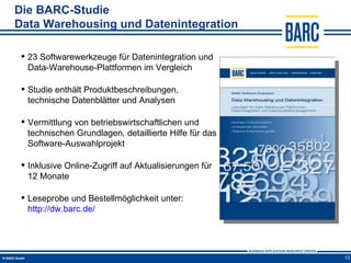 Die BARC-Studie
Data Warehousing und Datenintegration

  23 Softwarewerkzeuge für Datenintegration und
   Data-Warehouse-Plattformen im Vergleich

  Studie enthält Produktbeschreibungen,
   technische Datenblätter und Analysen

  Vermittlung von betriebswirtschaftlichen und
   technischen Grundlagen, detaillierte Hilfe für das
   Software-Auswahlprojekt

  Inklusive Online-Zugriff auf Aktualisierungen für
   12 Monate

  Leseprobe und Bestellmöglichkeit unter:
   http://dw.barc.de/




                                                        13
 
