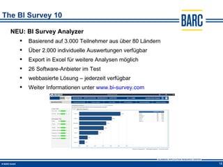 The BI Survey 10

  NEU: BI Survey Analyzer
       Basierend auf 3.000 Teilnehmer aus über 80 Ländern
       Über 2.000 individuelle Auswertungen verfügbar
       Export in Excel für weitere Analysen möglich
       26 Software-Anbieter im Test
       webbasierte Lösung – jederzeit verfügbar
       Weiter Informationen unter www.bi-survey.com




                                                             18
 