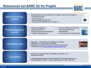 Ressourcen bei BARC für Ihr Projekt




                 •   Business Intelligence           • Enterprise Resource Planning
                 •   Datenmanagement                 • Customer Relationship
                 •   Enterprise Content Management     Management
                 •   IT Service Management           • Human Resource Management




                                                                                      3
 
