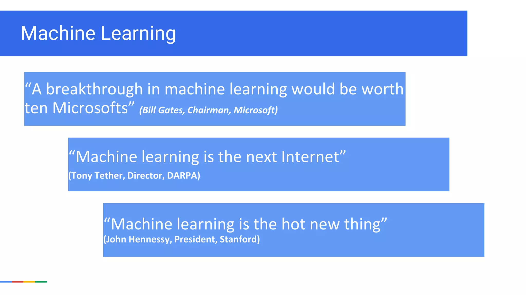 Machine Learning
“A breakthrough in machine learning would be worth
ten Microsofts” (Bill Gates, Chairman, Microsoft)
“Machine learning is the next Internet”
(Tony Tether, Director, DARPA)
“Machine learning is the hot new thing”
(John Hennessy, President, Stanford)
 