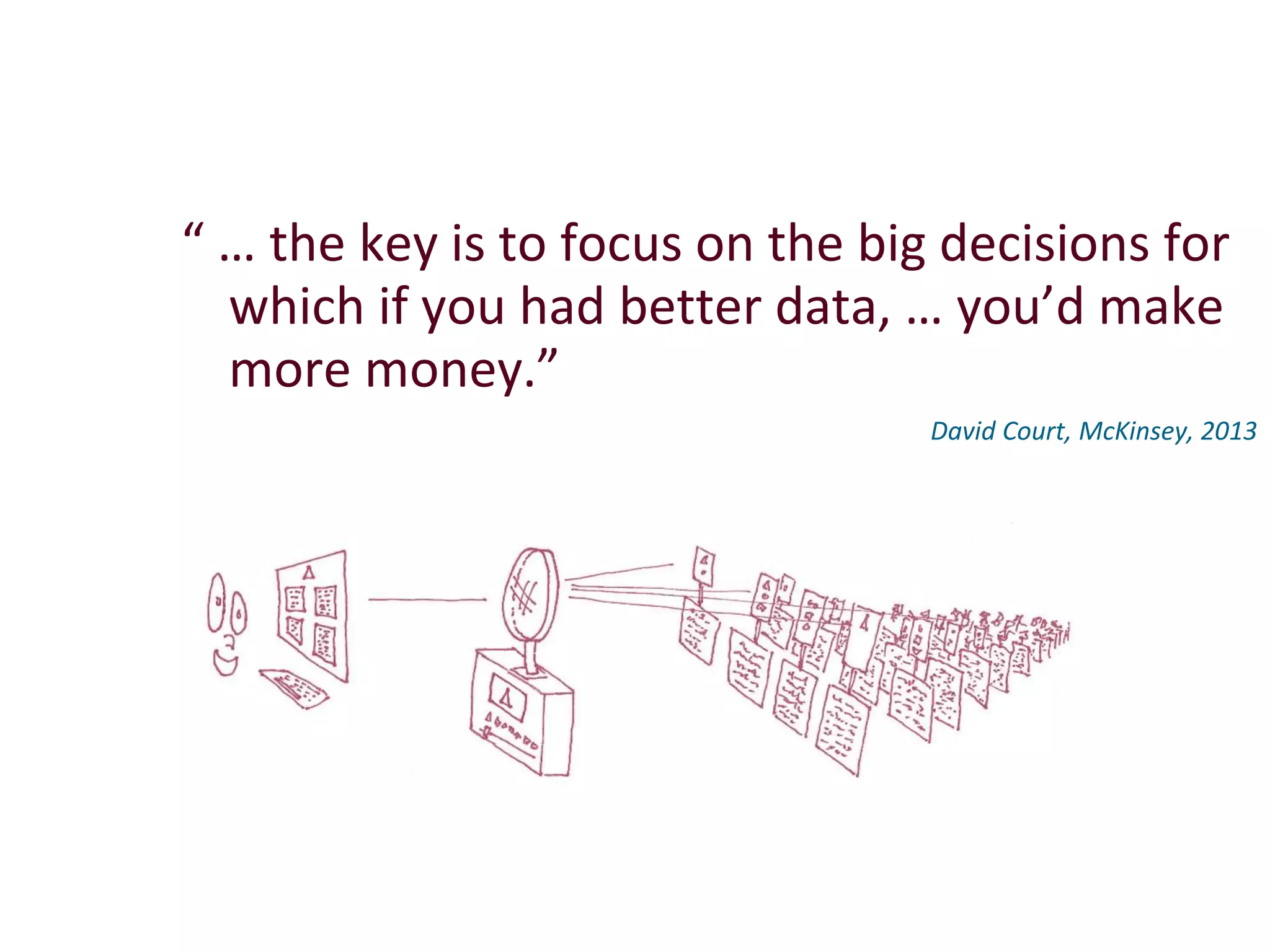 “ … the key is to focus on the big decisions for 
which if you had better data, … you’d make 
more money.” 
David Court, McKinsey, 2013 
 