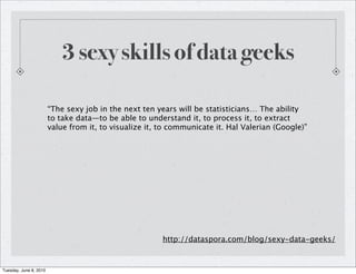 3 sexy skills of data geeks

                        “The sexy job in the next ten years will be statisticians… The ability
                        to take data—to be able to understand it, to process it, to extract
                        value from it, to visualize it, to communicate it. Hal Valerian (Google)”




                                                        http://dataspora.com/blog/sexy-data-geeks/


Tuesday, June 8, 2010
 