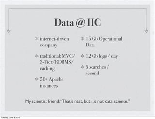 Data @ HC
                                internet-driven            15 Gb Operational
                                company                    Data

                                traditional: MVC/          12 Gb logs / day
                                3-Tier/RDBMS/
                                caching                    5 searches /
                                                           second
                                50+ Apache
                                instances


                        My scientist friend: “That’s neat, but it’s not data science.”


Tuesday, June 8, 2010
 