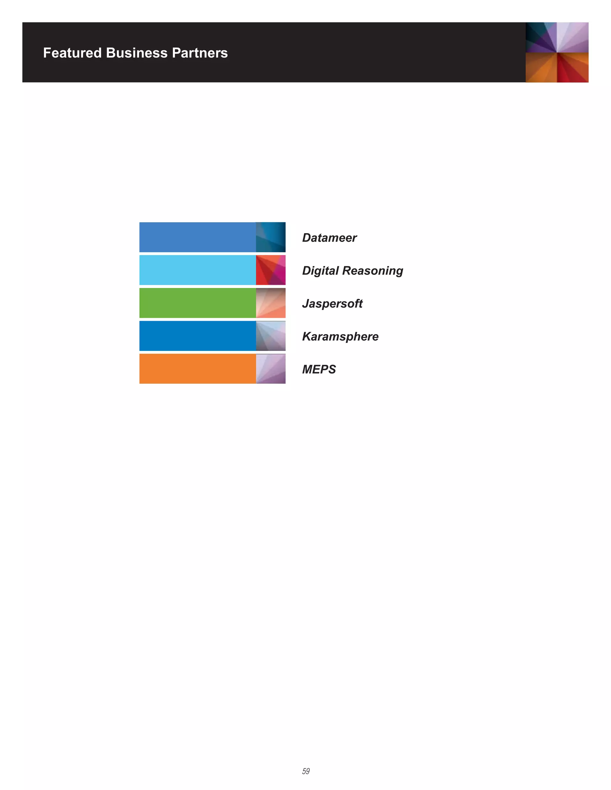 Featured Business Partners




                             Datameer

                             Digital Reasoning

                             Jaspersoft

                             Karamsphere

                             MEPS




                             59
 